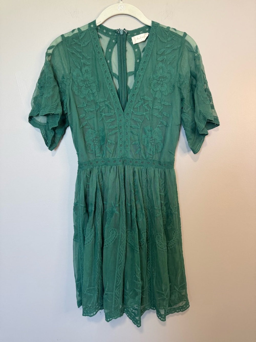 Altar’d State Green Lace Mini Dress Floral Embroidered V-Neck Sheer Sleeve - Picture 2 of 7